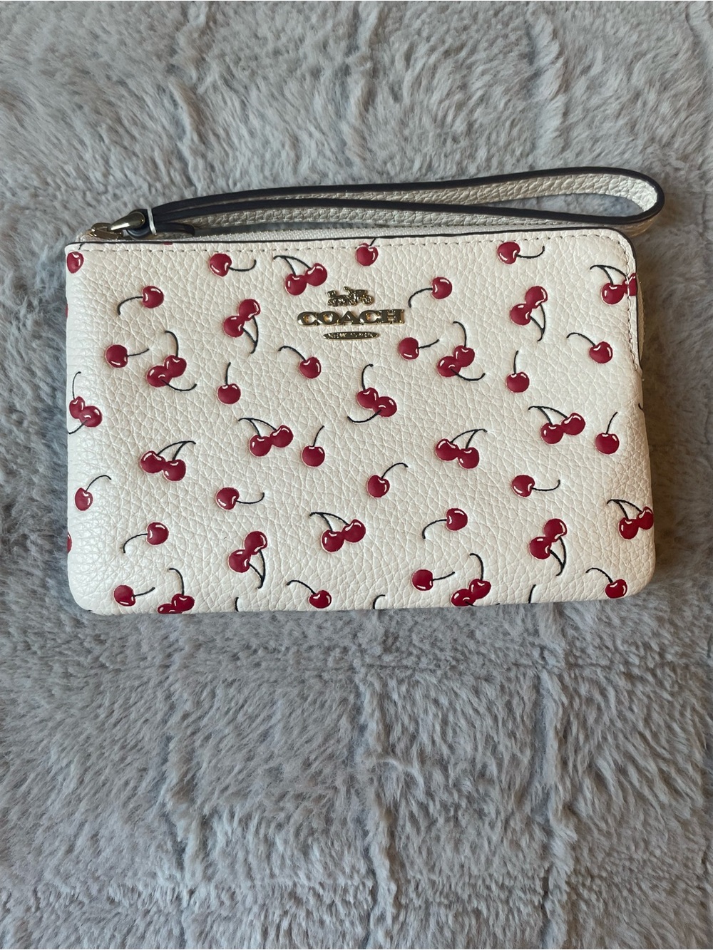 Coach White Wristlet with Red Cherry Print and Gold Logo